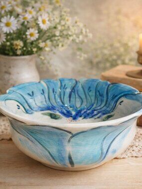 Vintage Signed Art Pottery Bowl S. Burns Cottagecore Hand-Painted Teal Floral
